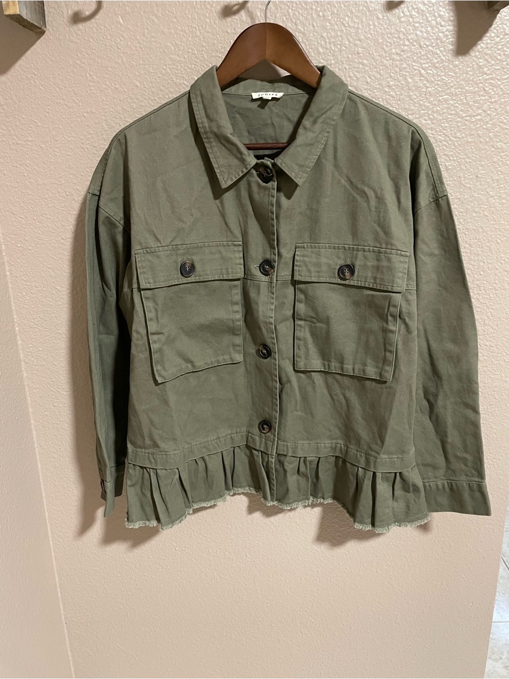 JODIFL Olive Green Utility Jacket with Ruffle Hem